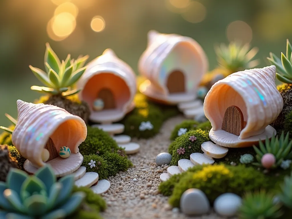 Enchanted Shell Fairy Garden Close-up - A magical close-up shot of a miniature coastal fairy garden at golden hour, featuring delicate seashells transformed into tiny houses with iridescent pearl finishes. Small conch shells form whimsical dwellings adorned with tiny windows and doors, nestled among living moss and miniature succulents. Delicate fairy lights twinkle between the shells, while tiny coastal accessories like miniature driftwood bridges, pebble pathways, and microscale beach chairs create an enchanted seaside scene. Baby tears plants cascade over small shell walls, while tiny air plants peek out from scallop shell planters. The scene is captured with a shallow depth of field, creating a dreamy, ethereal atmosphere with soft bokeh effects in the background