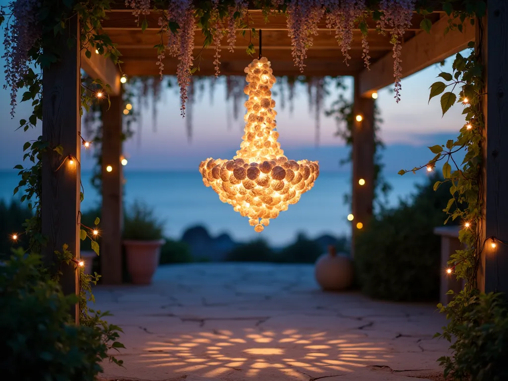 Ethereal Shell Garden Chandelier at Dusk - A magical twilight scene capturing an elegant seashell chandelier suspended from a weathered pergola in a coastal garden. The chandelier, crafted from various sizes of pearlescent shells including conch, scallop, and nautilus, hangs gracefully at eye level. Delicate solar-powered fairy lights intertwined among the shells cast intricate shadow patterns on the stone patio below. The warm glow illuminates the shells' natural iridescence, creating a dreamlike atmosphere. Surrounding climbing jasmine and wisteria vines frame the scene, while soft bokeh effects enhance the enchanting mood. Professional DSLR photo with shallow depth of field, captured during the blue hour with natural and artificial lighting perfectly balanced.