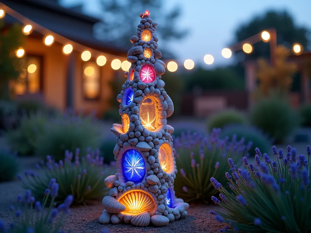 Illuminated Shell and Glass Garden Totem at Dusk - A close-up perspective of an enchanting 5-foot-tall garden totem sculpture at dusk, composed of carefully stacked seashells, cobalt blue glass bottles, and iridescent glass pieces. The totem features large conch shells, scallops, and starfish alternating with colored glass elements, creating a mesmerizing vertical structure. Integrated solar lights glow warmly from within the glass components, casting magical patterns on the surrounding garden bed filled with coastal grasses and lavender. The totem stands prominently against a softly blurred garden background with string lights, capturing the ethereal atmosphere of early evening. Photorealistic, magical garden atmosphere, soft bokeh effect, warm evening lighting.