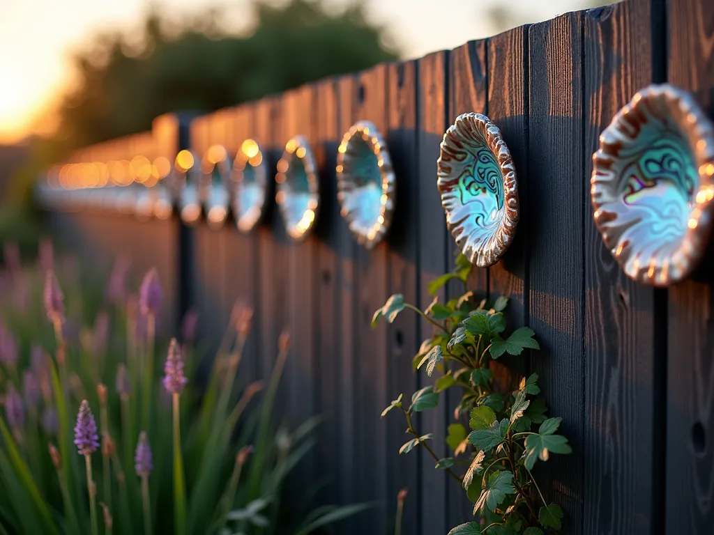 Iridescent Abalone Shell Garden Fence - A close-up shot at golden hour of a modern dark charcoal wooden garden fence adorned with large polished abalone shells mounted at regular intervals, photographed at f/2.8. The setting sun's rays catch the pearlescent interior of the shells, creating stunning rainbow reflections across the fence surface. In the foreground, ornamental grasses sway gently, while climbing jasmine weaves between the shells. The background shows a soft-focus coastal garden with lavender and native beach grasses. The shells' natural iridescence creates a magical interplay of blues, purples, and greens against the dark fence, captured with professional lighting and shallow depth of field for dramatic effect.