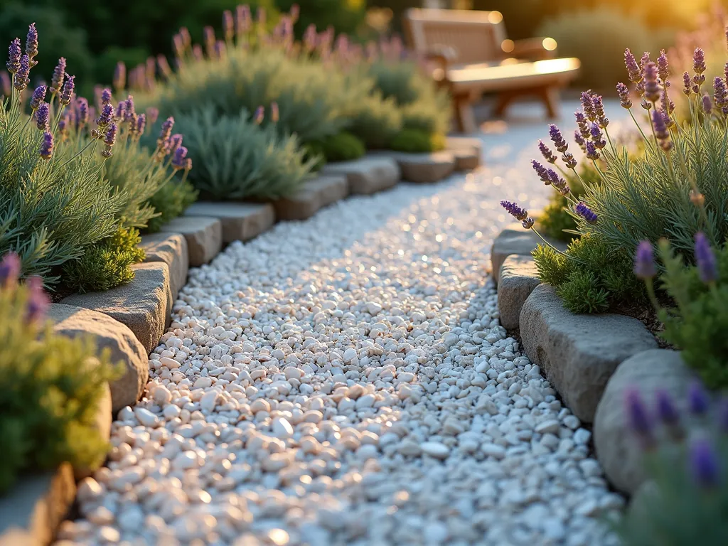 Mediterranean Herb Garden with Oyster Shell Mulch - A close-up view of a meticulously designed raised garden bed at golden hour, featuring crushed oyster shells as pristine white mulch surrounding Mediterranean herbs. The shells create elegant, winding paths between clusters of lavender, rosemary, and sage. Soft evening sunlight filters through the herbs, casting gentle shadows on the pearlescent shell surface. The textural contrast between the silvery-green herbs and the luminescent shells creates a coastal-inspired aesthetic. Natural stone edging frames the bed, while a weathered driftwood bench sits nearby, completing the serene coastal garden scene.