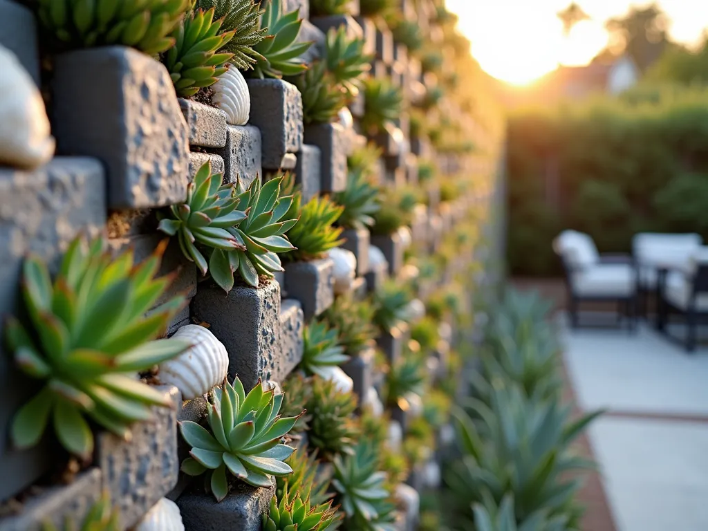 Modern Succulent and Shell Living Wall - A stunning close-up view of a modern vertical garden wall in warm evening sunlight, featuring an artful arrangement of diverse succulents (Echeveria, Sedum, and Sempervivum) interspersed with pristine white seashells. The living wall spans 8 feet tall on a contemporary gray concrete garden wall, with succulents planted in geometric patterns within modular metal frames. Natural weathered seashells, including conch shells, scallops, and starfish, are thoughtfully placed between the succulent clusters, creating a mesmerizing coastal-meets-desert aesthetic. Soft golden hour lighting casts gentle shadows, highlighting the textures of both the shells and the fleshy succulent leaves. Shot with shallow depth of field to emphasize the intricate details of the arrangement, with a subtle bokeh effect in the background showing a modern patio space.