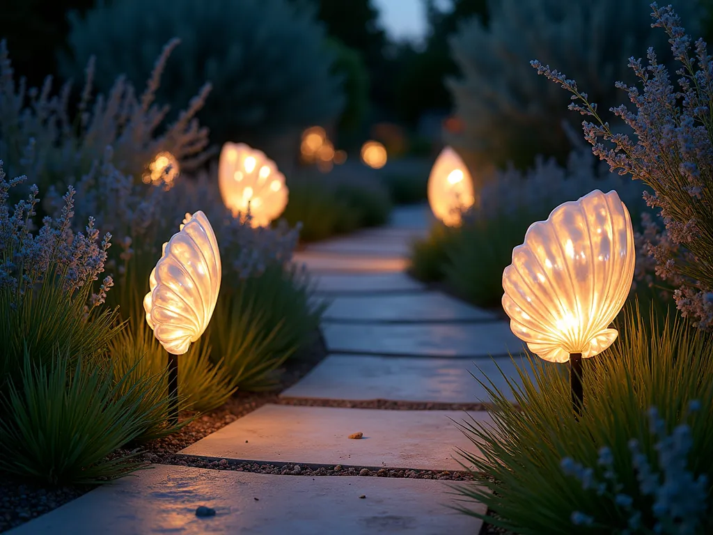 Mother-of-Pearl Garden Path Lights at Dusk - A romantic garden pathway at dusk, photographed at eye level, featuring elegantly mounted mother-of-pearl shells acting as ethereal light diffusers. The shells cast intricate, iridescent patterns across a winding stone path bordered by soft ornamental grasses. The warm, golden LED lights shine through the pearlescent shells, creating a magical interplay of light and shadow on the surrounding garden. Delicate coastal lavender and silvery artemisia sway gently in the background, while the path curves invitingly through the space. The mother-of-pearl shells appear to float like luminous butterflies above the pathway, their natural shimmer enhanced by the evening light. Cinematic lighting captures the dreamy atmosphere with a shallow depth of field, highlighting the shells' translucent glow against the deepening blue twilight sky.