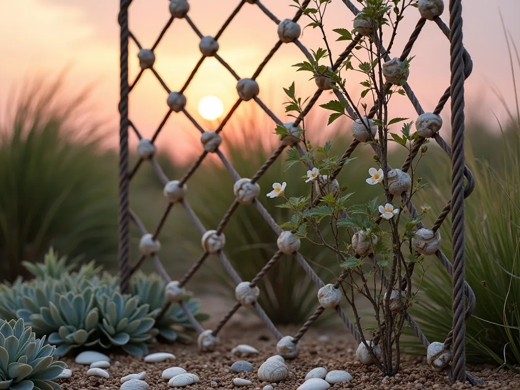 Seashell Rope Trellis at Sunset - A stunning garden trellis made of weathered nautical rope arranged in a diamond pattern, adorned with various white and pearlescent seashells at the intersection points. The 7-foot tall trellis stands against a soft coral sunset sky, with delicate jasmine vines beginning to wind their way up the structure. Scattered shells in the mulched garden bed below catch the warm evening light. The trellis is positioned in a cozy corner of a coastal-style backyard, with beach grasses swaying in the background. Macro details show the intricate way the shells are woven into the rope netting, creating a sophisticated nautical focal point. The scene is captured in a three-quarter view to show both the depth and height of the structure.