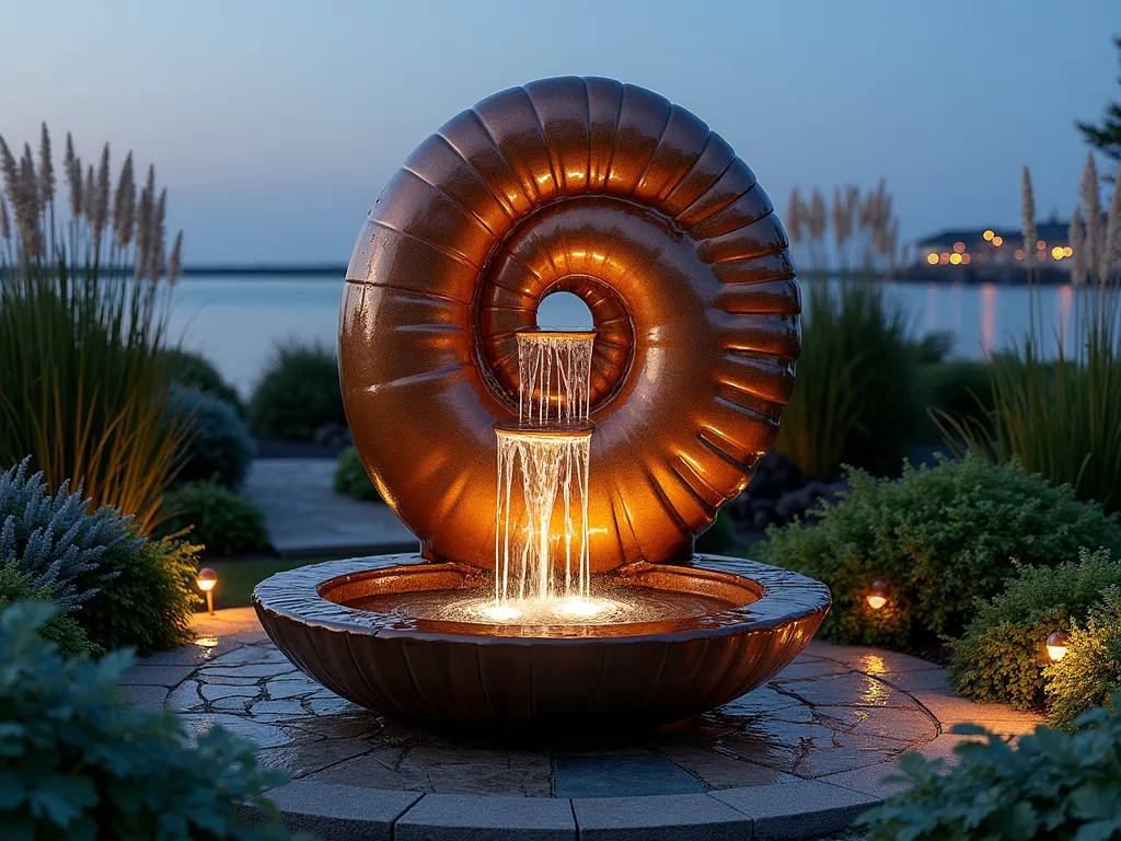 Illuminated Nautilus Shell Cascade - A dramatic evening scene of a large, copper-toned nautilus shell water feature in a coastal garden setting. The sculptural fountain, standing 6 feet tall, features multiple spiral tiers that create a mesmerizing cascade of water. Soft landscape lighting illuminates the flowing water, casting a warm golden glow. Surrounding the feature are lush Japanese forest grass, blue-green hostas, and delicate maidenhair ferns that catch water droplets. Natural stone pavers create a circular pattern around the base, while copper garden lights are strategically placed to highlight the water's movement. The background shows glimpses of coastal ornamental grasses swaying in the evening breeze, creating a serene waterfront atmosphere.