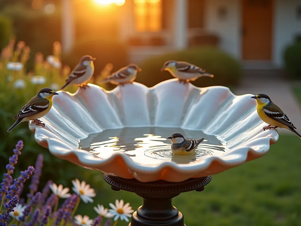 Elegant Scallop Shell Bird Bath at Sunset - A stunning garden scene at golden hour featuring a large, pearlescent scallop shell bird bath mounted on an ornate wrought iron pedestal. The shell, measuring 24 inches across, contains crystal-clear water that reflects the warm sunset light. Small birds perch along its naturally ridged edge while others splash playfully in the shallow water. The bird bath is surrounded by coastal ornamental grasses, lavender, and white flowering cosmos that sway gently in the breeze. Soft bokeh effect in the background shows glimpses of a cottage-style garden with shell-lined pathways. Shot from a low angle to emphasize the majestic nature of the installation, with the setting sun creating a magical glow on the water's surface. Photorealistic, high detail, cinematic lighting.