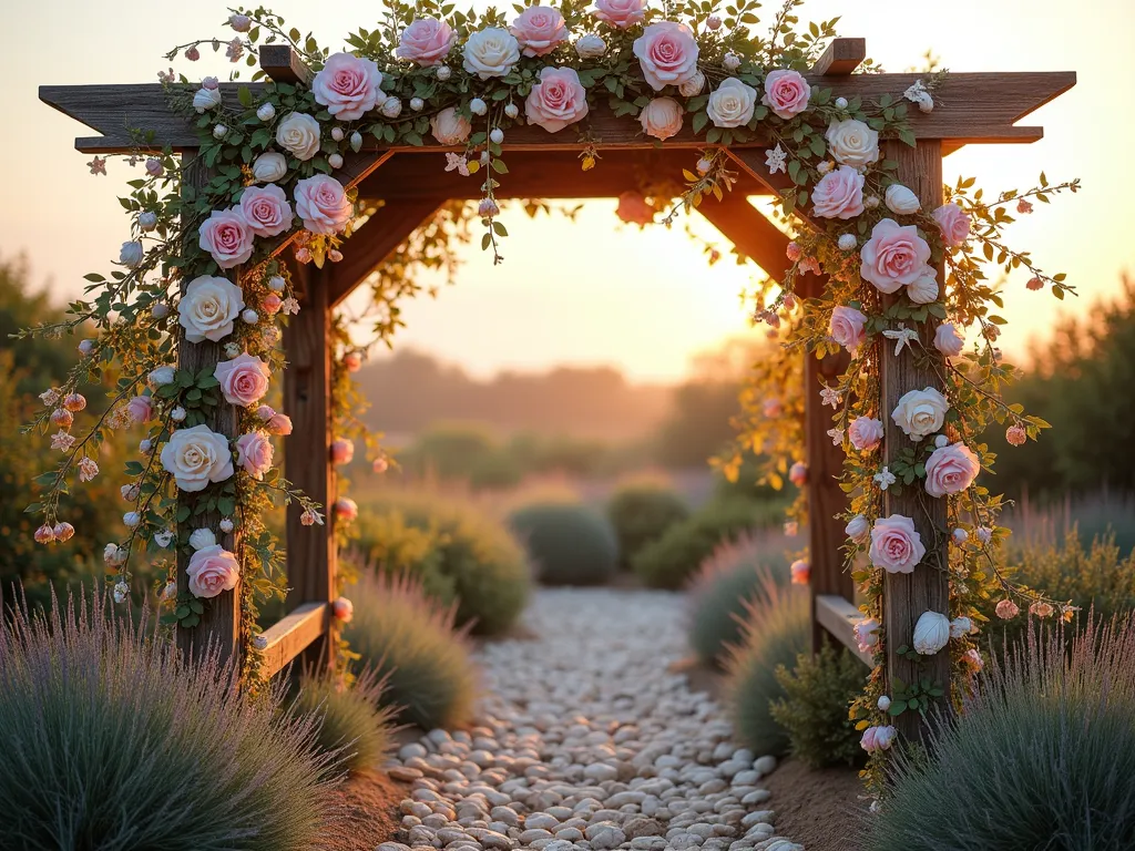 Seashell Garden Arch with Climbing Roses - A stunning garden arch photographed during golden hour, decorated with an intricate pattern of pearlescent seashells, conch shells, and starfish. The wooden structure is beautifully weathered, creating a coastal charm. Pink and white climbing roses intertwine through the arch, their blooms contrasting with the natural shell embellishments. Soft evening light filters through the structure, creating magical shadows and highlighting the iridescent quality of the shells. The arch is set against a backdrop of coastal grasses and lavender, with a shell-lined pathway leading through it. Shot with a wide-angle lens to capture the full grandeur of the structure, with the low sun creating a warm, dreamy atmosphere. Photographed with pristine clarity, showing the detailed textures of both shells and roses in perfect focus.