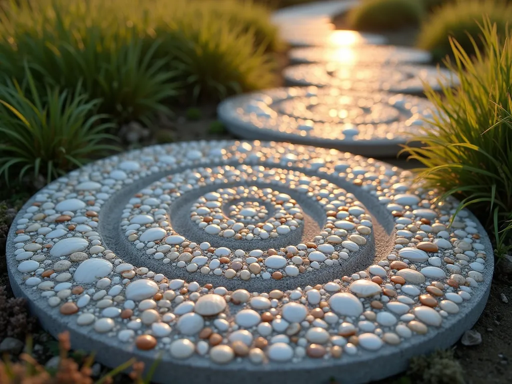 Seashell Mosaic Garden Path - Close-up view of a handcrafted garden stepping stone at golden hour, featuring an intricate spiral mosaic pattern made from various small seashells including cockles, scallops, and tiny white shells embedded in light gray concrete. The stepping stone is part of a winding garden path through lush coastal grasses, with other shell-embedded pavers visible in the background. Soft evening sunlight catches the pearlescent finish of the shells, creating a magical shimmer across the mosaic surface. The stone's pattern resembles a nautilus shell design, with shells gradually decreasing in size toward the center. A light coating of sealant gives the entire piece a subtle gloss, while coastal grasses sway gently along the path edges.