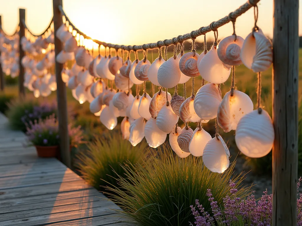 Seashell Wind Barrier in Coastal Garden - A close-up shot at golden hour of an elegant garden wind barrier made from large, pearlescent seashells strung on weathered rope. The translucent shells cascade in gentle curves between wooden posts, creating a natural screen that casts intricate shadows on the garden path below. Behind the barrier, delicate coastal grasses and lavender sway in the breeze, while the shells shimmer with warm sunset light. The arrangement features various sized shells including conch, scallop, and nautilus, creating a harmonious coastal design. The barrier is positioned along a weathered wooden deck, with potted beach roses and ornamental grasses nestled at its base.