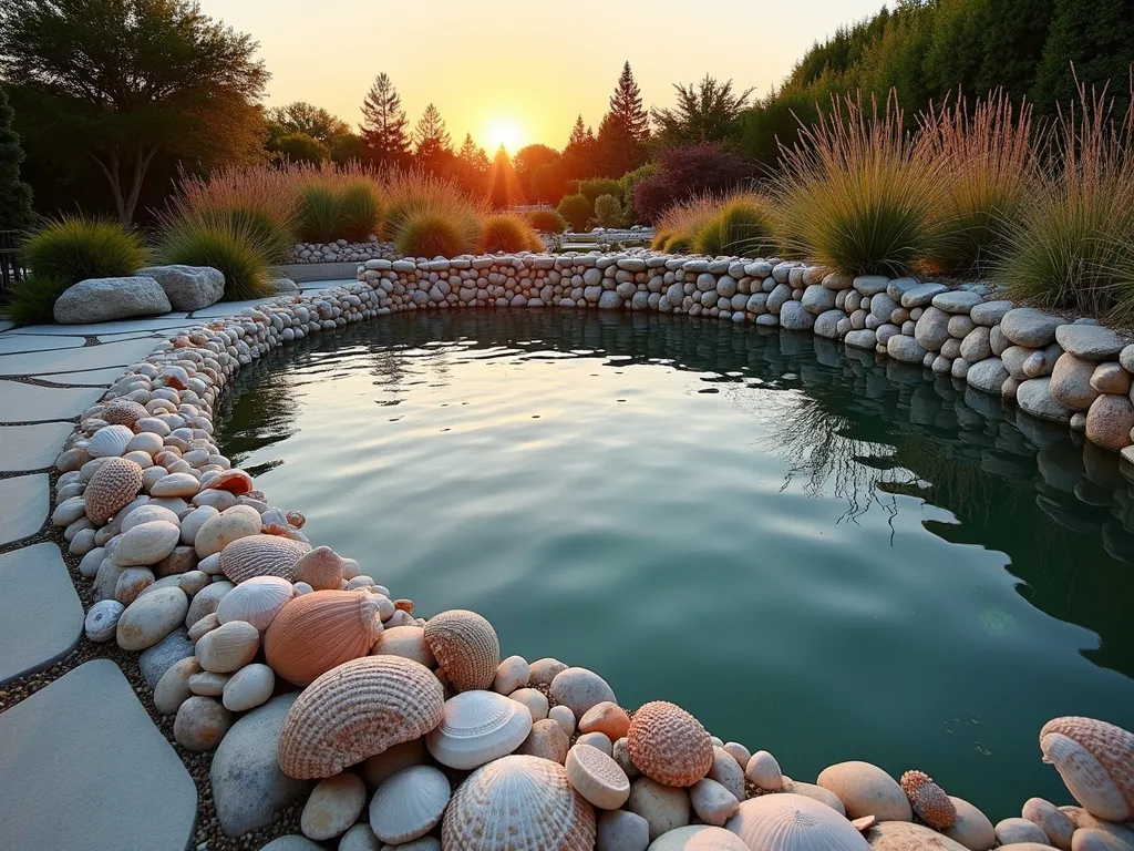 Shell-Lined Garden Pond at Sunset - A tranquil garden pond photographed during golden hour, featuring large natural seashells artistically embedded in smooth concrete around its curved perimeter. The shells, ranging from conch to scallops, create a stunning border that transitions seamlessly from water to landscaping. Crystal-clear water reflects the warm sunset sky, while ornamental grasses and coastal plants sway gently in the background. Shot with a wide-angle lens at f/2.8, capturing the entire pond while maintaining sharp detail of the shell border. Natural stone pavers create a pathway leading to the water feature, complementing the coastal theme. Soft evening light casts long shadows across the scene, highlighting the textural details of the shells and creating a magical coastal atmosphere.