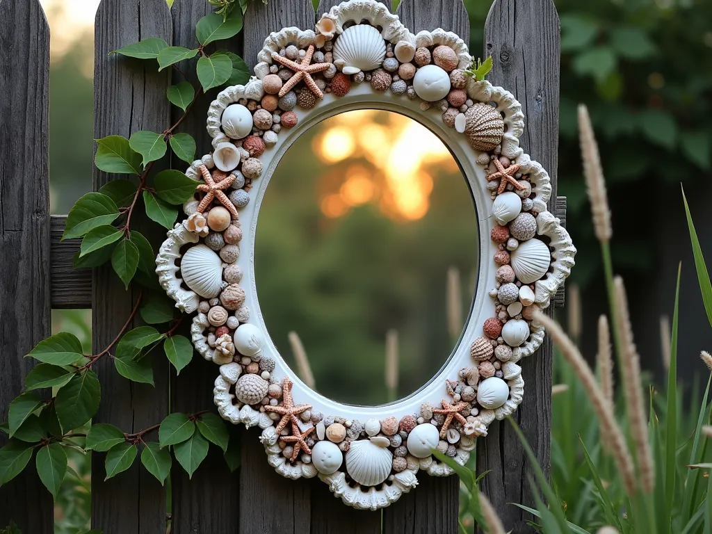 Elegant Shell-Framed Garden Mirror at Dusk - A close-up shot of a vintage-style outdoor mirror with an ornate frame completely adorned with various seashells, starfish, and pearly nautilus shells, photographed at dusk in a lush garden setting. The mirror reflects the warm evening light and surrounding greenery, creating depth and dimension. Climbing jasmine vines partially drape around the mirror's edges, while coastal grasses sway in the foreground. The mirror is mounted on a weathered wooden fence, with soft garden lighting creating a magical ambiance. Shot with shallow depth of field highlighting the intricate shell details, captured with a digital camera at 35mm, f/2.8, ISO 400.