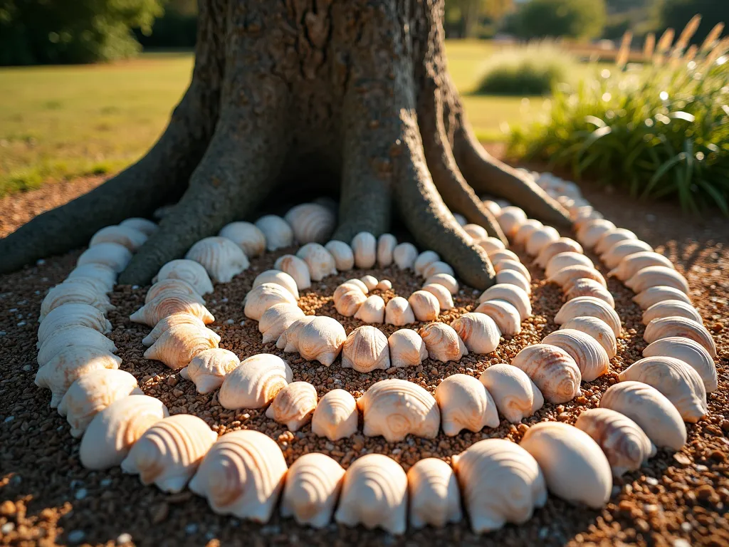 Shell-Ringed Tree Base at Sunset - A close-up photography shot of a mature oak tree base encircled by stunning concentric rings of large seashells in varying sizes and natural tones, from cream to peach. The shells, including conch, scallops, and nautilus, are artfully arranged in three perfect circles around the tree's weathered bark, creating a mesmerizing spiral pattern. Golden hour sunlight filters through the tree's canopy, casting warm shadows across the shell arrangement. The surrounding mulched area transitions into a lush coastal garden with ornamental grasses. Shot with shallow depth of field, emphasizing the textural contrast between rough bark, smooth shells, and soft ground cover. 16-35mm lens, f/2.8, ISO 400