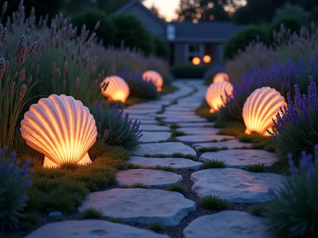 Shell Solar Light Path at Dusk - A magical twilight garden scene captured with a wide-angle lens, featuring a winding stone pathway illuminated by large natural conch and scallop shells housing solar lights. The shells emit a warm, ethereal glow that creates enchanting light patterns on the path. Native coastal grasses and lavender sway gently in the background, while small clusters of ornamental sage add texture. The pathway leads to a weathered wooden deck in the distance. Low-voltage lighting technique with shallow depth of field captures the dreamy atmosphere, while the shells' natural iridescence reflects the fading sunset. Shot at dusk with soft ambient lighting, emphasizing the magical interplay between natural and artificial light. Photorealistic, high-end garden photography.