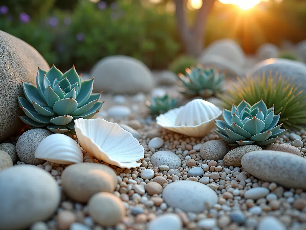 Coastal-Inspired Shell and Succulent Rock Garden - A close-up DSLR photograph of an artfully designed rock garden in golden afternoon light, featuring a harmonious arrangement of large white seashells nestled among natural stone clusters. Various drought-resistant succulents, including blue-green Echeveria rosettes and spiky Agave plants, create a stunning textural contrast against smooth conch and scallop shells. Small decorative pebbles in muted coastal tones provide ground cover, while architectural specimens like Barrel Cactus serve as focal points. The garden is photographed at f/8 with natural lighting highlighting the intricate details of both shells and succulents, creating an elegant, low-maintenance coastal garden vignette that appears both sophisticated and serene.