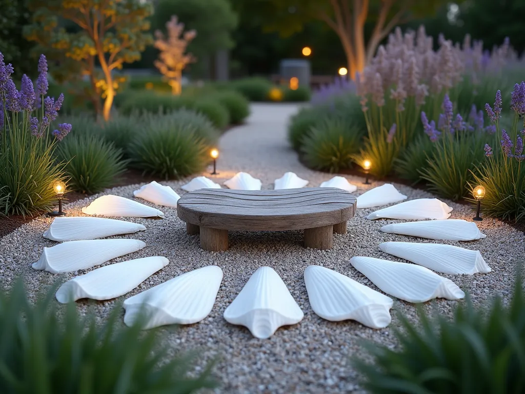 Tranquil Shell Meditation Circle at Dusk - A serene garden meditation circle photographed at dusk with golden hour lighting. Large white conch and scallop shells arranged in a perfect circle, diameter of 12 feet, embedded in a bed of light-colored crushed shell gravel. At the center, a comfortable weathered teak meditation bench surrounded by soft ornamental grasses. Coastal lavender and sea thrift flowers gently sway along the circle's edge. Low voltage landscape lighting casts a warm glow on the shells. Shot from a 45-degree elevated angle to capture the complete circular pattern, with the surrounding garden softly blurred. The composition creates a sense of peace and coastal tranquility. Photographic style: architectural garden photography, warm evening lighting, shallow depth of field, 16mm wide angle lens, f/2.8.