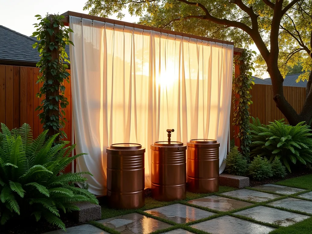 Artistic Rain Catchment System at Sunset - A serene backyard scene at golden hour, featuring an innovative rain collection system made from a translucent white shower curtain elegantly suspended between wooden posts. The curtain is angled at 15 degrees, creating a modern architectural element that guides rainwater into three copper-colored rain barrels positioned strategically below. Soft evening light filters through the curtain, casting gentle shadows on the surrounding garden beds filled with lush ferns and hostas. A wide-angle shot captures the entire setup with the sunset creating a warm glow in the background, while water droplets on the curtain's surface catch the golden light. The scene is complemented by natural stone pavers leading to the collection system, with climbing jasmine wrapping around the support posts.