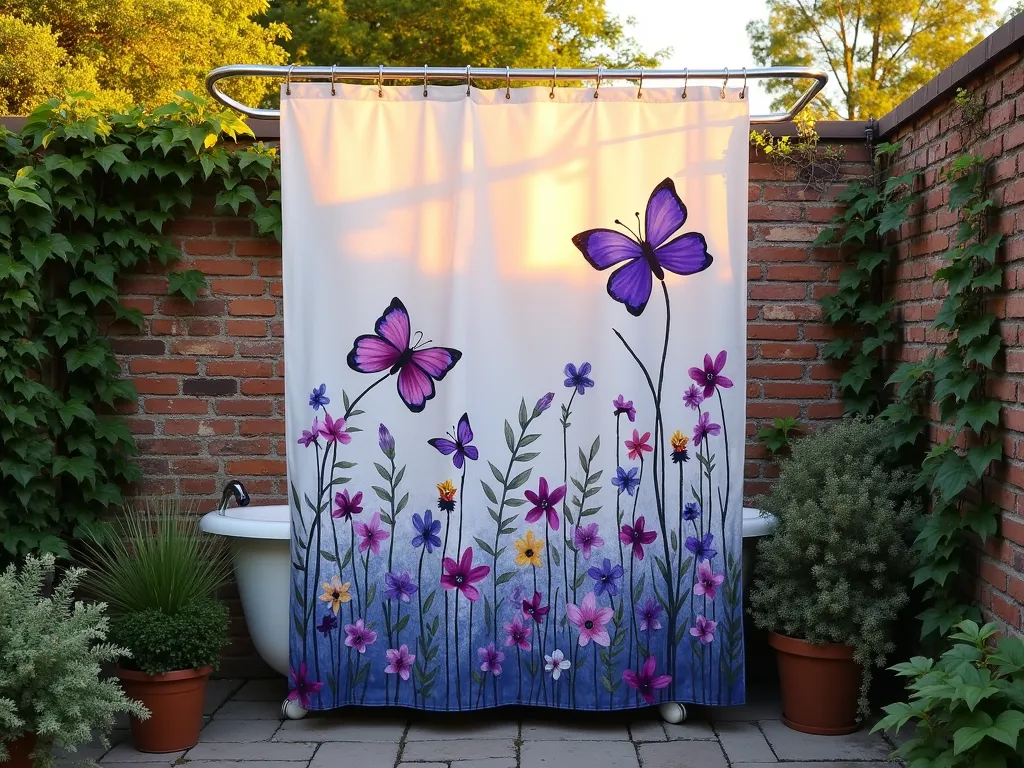 Artistic Shower Curtain Garden Mural - A stunning close-up shot of a white shower curtain transformed into an outdoor canvas, painted with vibrant watercolor-style flowers and butterflies in weather-resistant paint, hanging elegantly against a rustic garden wall. Golden evening sunlight filters through nearby trees, casting dramatic shadows across the artistic piece. The mural features bold purples, blues, and yellows that pop against the weathered brick wall, while climbing ivy naturally frames the edges. The scene is set in a cozy courtyard garden with potted plants at the base, showing the scale and integration of this unique outdoor art installation.