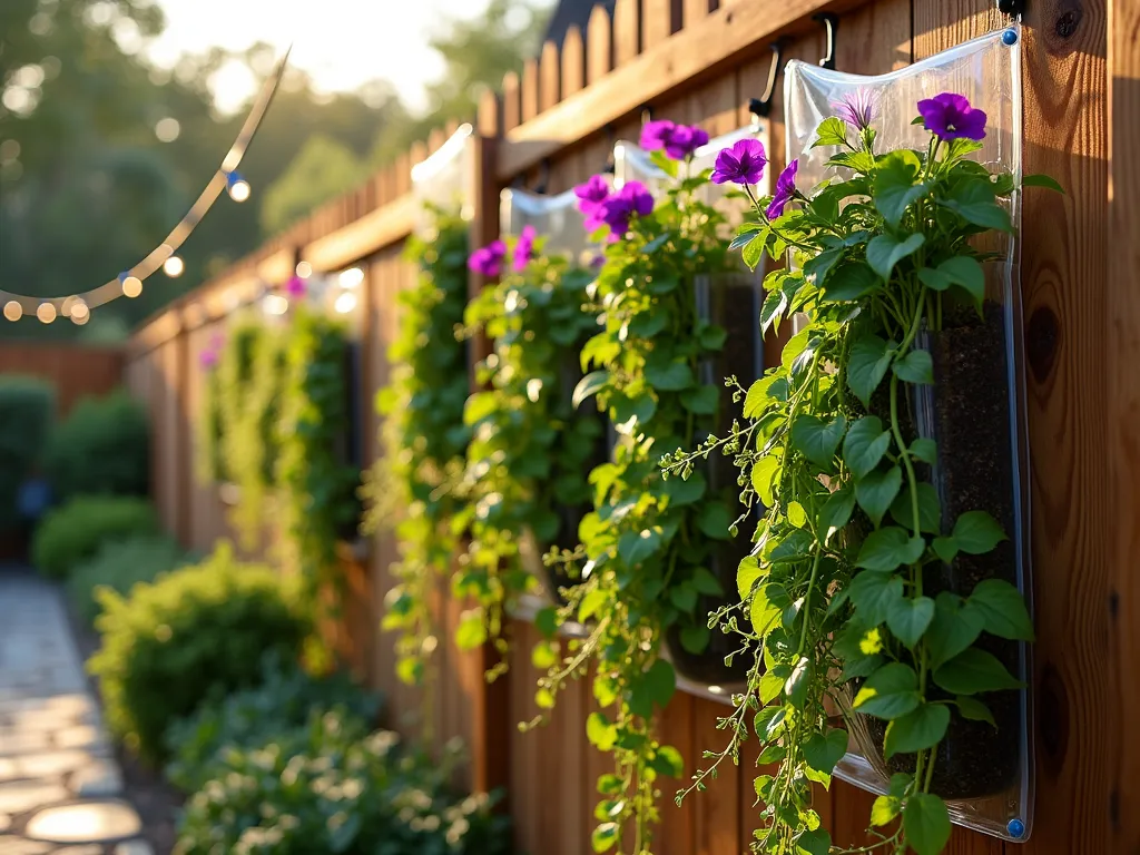 Cascading Shower Curtain Garden Wall - A stunning close-up photograph of a modern vertical garden system created from a repurposed clear shower curtain mounted on a rustic wooden fence. The curtain features multiple reinforced clear pockets arranged in a flowing pattern, filled with vibrant trailing plants. Pothos, string of pearls, and purple wave petunias cascade dramatically from each pocket, creating a living tapestry of greenery. Golden hour sunlight filters through the foliage, casting gentle shadows on the fence behind. The transparent pockets reveal layers of soil and roots, adding visual depth. A small stone patio visible at the bottom of the frame provides scale, while string lights weave through the top of the installation, illuminating the plants. Shot with shallow depth of field focusing on the central cascade of plants, with soft bokeh effects on the edges. 16mm wide-angle lens captures the full vertical scope of the installation.