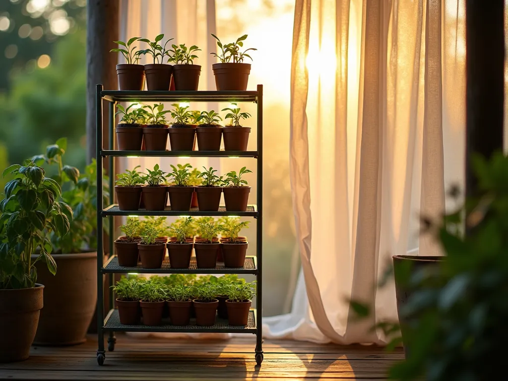 DIY Shower Curtain Greenhouse Station - A meticulously organized seed starting station on a rustic wooden patio, featuring a tall metal shelving unit elegantly enclosed by translucent shower curtains catching the soft morning light. Multiple levels showcase sprouting seedlings in biodegradable pots, while LED grow lights create a warm, nurturing glow. The curtains billow slightly in the breeze, creating a dreamy, ethereal atmosphere. Captured with shallow depth of field focusing on emerging seedlings, with a misty background of lush garden foliage. Natural sunlight filters through the shower curtain material, creating a diffused, greenhouse-like environment. Shot at dawn with dew drops visible on the curtain surface, DSLR, f/8, professional lighting, cinematic quality.