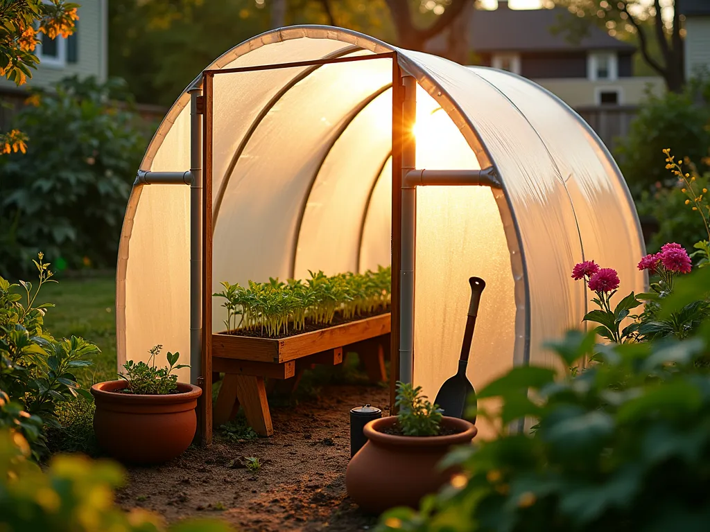 DIY Shower Curtain Mini Greenhouse - A beautiful backyard garden scene at golden hour featuring a curved PVC pipe frame greenhouse covered with a transparent shower curtain, measuring 6 feet tall. Inside, rows of tender seedlings and young plants thrive on wooden shelving. Soft sunlight filters through the clear curtain, creating a dreamy, diffused effect. The surrounding garden beds feature blooming flowers and mature vegetables. Shot from a low angle at f/2.8, capturing the ethereal glow of sunset through the makeshift greenhouse while maintaining sharp detail of the structure. Dew drops on the curtain catch the warm light, adding sparkle to the scene. Garden tools and terracotta pots arranged artistically near the entrance complete the composition.