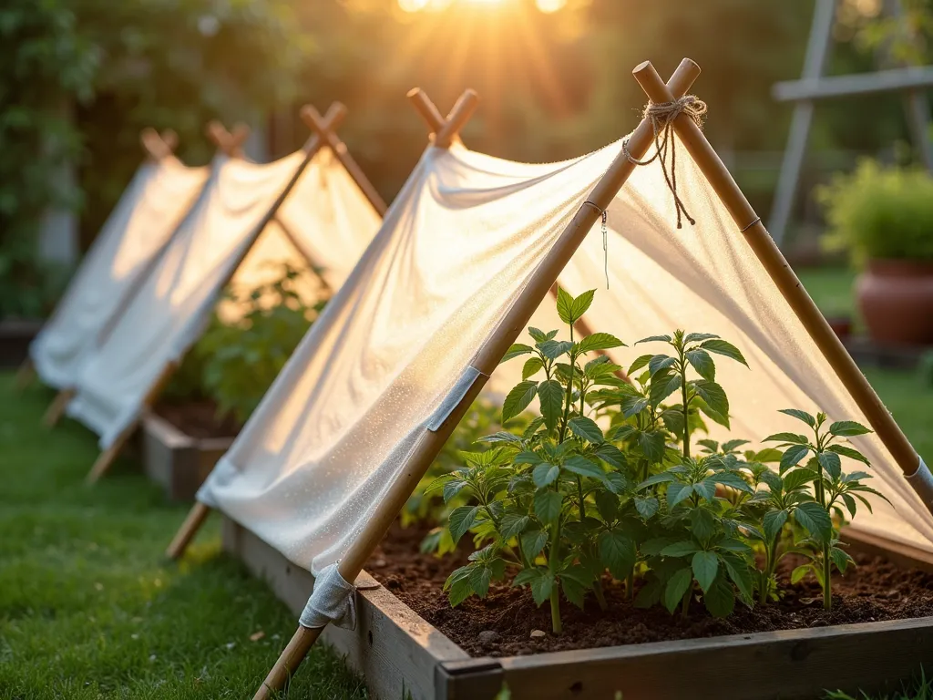 DIY Shower Curtain Plant Protection Tent - A serene early morning garden scene with soft golden sunlight filtering through several transparent shower curtain plant protection tents. The tents are elegantly constructed using clear shower curtain material draped over bamboo stakes in a triangular formation, protecting delicate young tomato plants and herbs. Dew drops cling to the outside of the curtain material, creating a magical prismatic effect. A close-up perspective shows the detailed structure where the curtain meets the bamboo stakes, secured with natural twine. The background features a well-maintained raised garden bed with rustic wooden borders, while other garden elements like terracotta pots and climbing trellises are softly blurred in the distance. The clear material showcases the healthy green plants inside, creating a greenhouse-like effect that's both functional and visually appealing. Professional, high-end photography style with shallow depth of field.