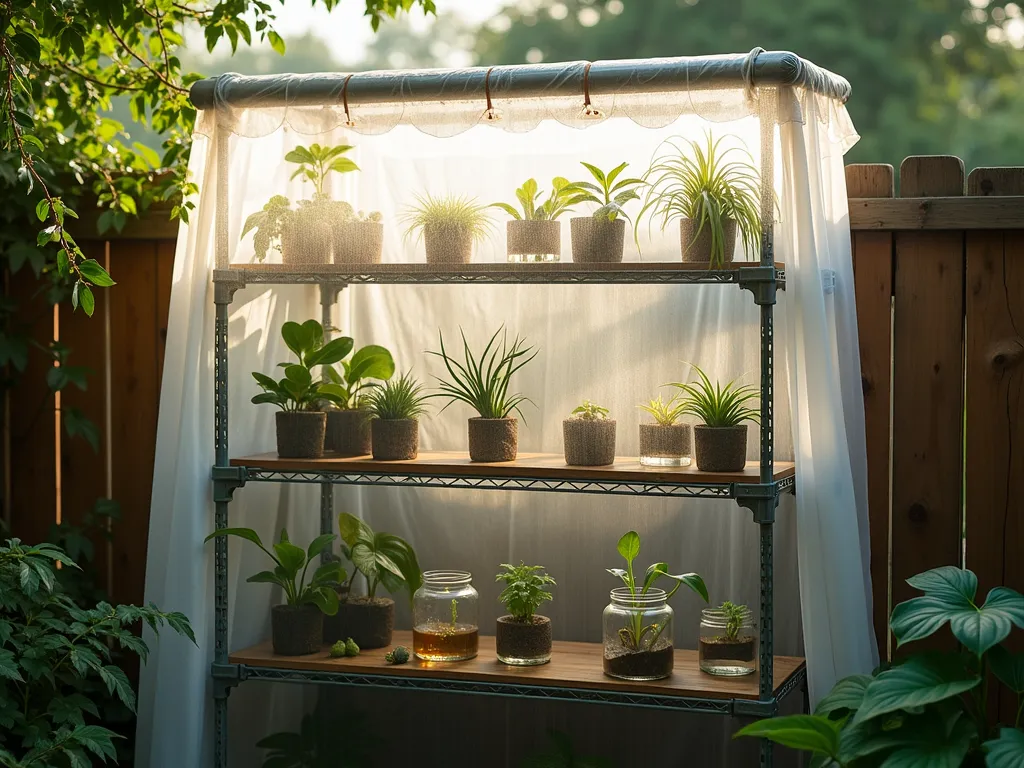 DIY Propagation Greenhouse with Shower Curtain Walls - A sunlit garden corner featuring a DIY propagation station made from clear shower curtains wrapped around industrial metal shelving, creating a humid greenhouse environment. The shelves hold various glass jars and propagation vessels with plant cuttings in water, showing different stages of root development. Soft morning light filters through the transparent curtains, creating a dreamy, misty atmosphere. Multiple pothos, monstera, and philodendron cuttings are visible through the clear curtains, with water droplets condensing on the interior walls. The structure is nestled against a wooden garden fence with climbing ivy, photographed at f/8 with natural lighting highlighting the water droplets and emerging roots. Shot from a medium angle to showcase both the practical setup and the aesthetic appeal of this DIY greenhouse solution.