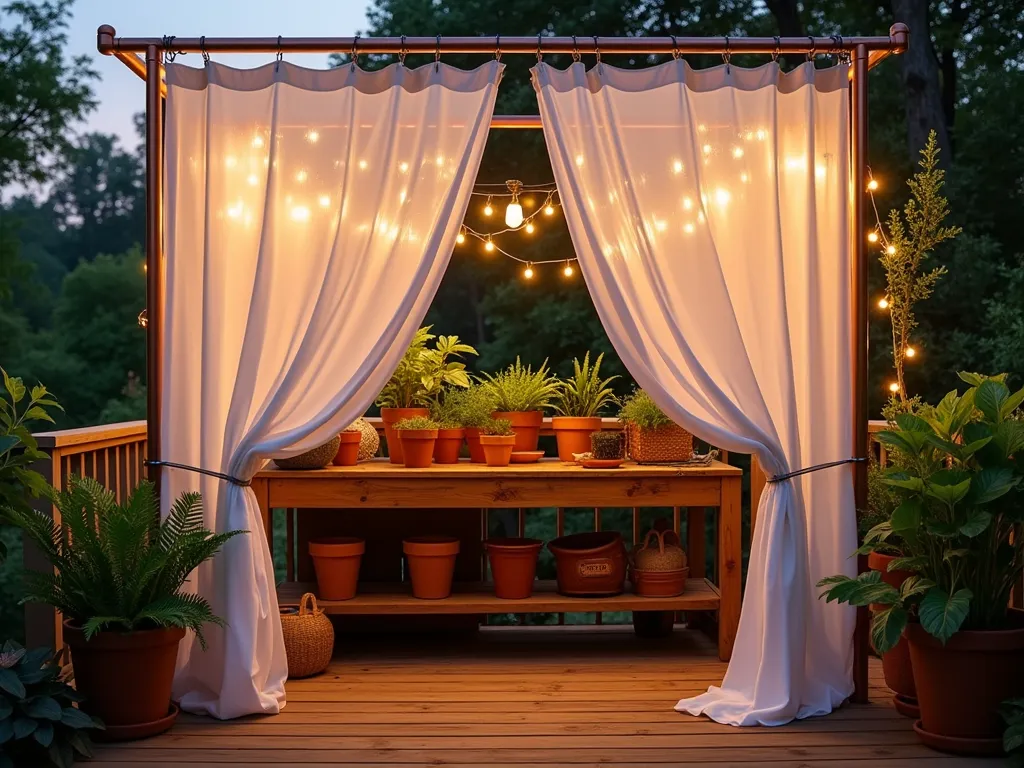 Elegant Outdoor Potting Station with Clear Curtain Shield - A serene dusk scene of a sophisticated outdoor potting station on a wooden deck, beautifully framed by translucent white shower curtains hanging from a copper-toned frame. The workspace features a reclaimed wood potting bench illuminated by warm string lights, with organized gardening tools and terra cotta pots neatly arranged. Soil is contained within the curtained area, while leafy ferns and potted herbs add natural beauty. Shot at f/2.8 with soft bokeh effect, capturing the golden hour light filtering through the curtains, creating an ethereal atmosphere. Wide-angle perspective showcasing the entire setup with the curtains gently moving in the breeze.