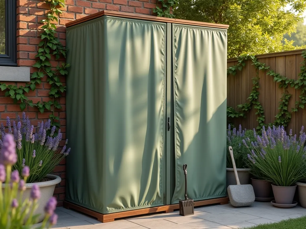 Elegant Outdoor Storage Protection - Close-up perspective of a stylish, waterproof storage unit in a contemporary garden setting at golden hour. A custom-fitted shower curtain in elegant sage green serves as a protective cover, draped gracefully over a wooden garden storage cabinet. The storage unit is positioned against a weathered brick wall with climbing ivy. Soft evening light casts gentle shadows across the textured curtain material, highlighting its practical yet aesthetic design. Nearby potted lavender plants and garden tools peek from beneath the partially lifted cover, demonstrating its functionality. Shot with shallow depth of field focusing on the curtain's fabric texture and water-resistant properties.