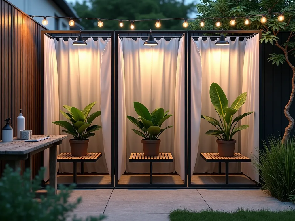 Elegant Plant Quarantine Station - A serene corner of a modern backyard garden featuring a sophisticated plant quarantine station at dusk. Three clear shower curtains suspended from sleek black metal frames create individual compartments, each illuminated by soft ambient garden lights. New tropical plants sit on elevated bamboo benches within each section, creating an organized and clinical aesthetic. The curtains billow slightly in the evening breeze, while string lights overhead cast a warm glow. A professional spray bottle and gardening tools rest on a nearby weathered wooden table. The background shows a blurred Japanese maple and ornamental grasses. Shot from a 45-degree angle using a wide-angle lens, capturing both the functionality and aesthetic appeal of the setup. Photorealistic, 8K, highly detailed.