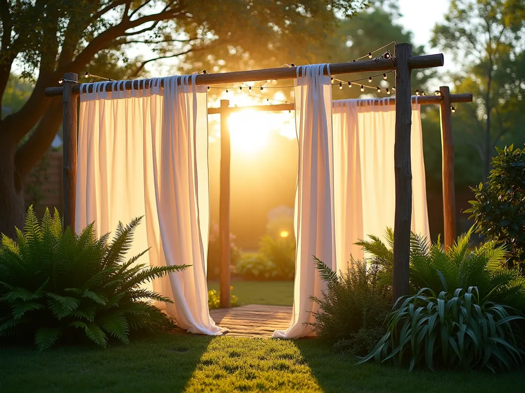 Ethereal Garden Shade Sanctuary - A serene backyard garden setting at golden hour, shot with a wide-angle lens capturing a beautiful DIY shade structure made from elegant white translucent shower curtains elegantly draped between wooden posts. The curtains filter the warm evening sunlight, creating dappled shadows over a collection of shade-loving hostas, ferns, and Japanese forest grass. The shower curtains billow gently in the breeze, their ethereal movement captured in stunning photographic detail. Natural wood posts anchor the corners, while string lights weave overhead, preparing for evening ambiance. The filtered light creates a mystical atmosphere, with the curtains' translucency showcasing the perfect balance of sun protection and natural light. Shot at f/2.8 with beautiful bokeh effect in the background featuring blurred mature trees.