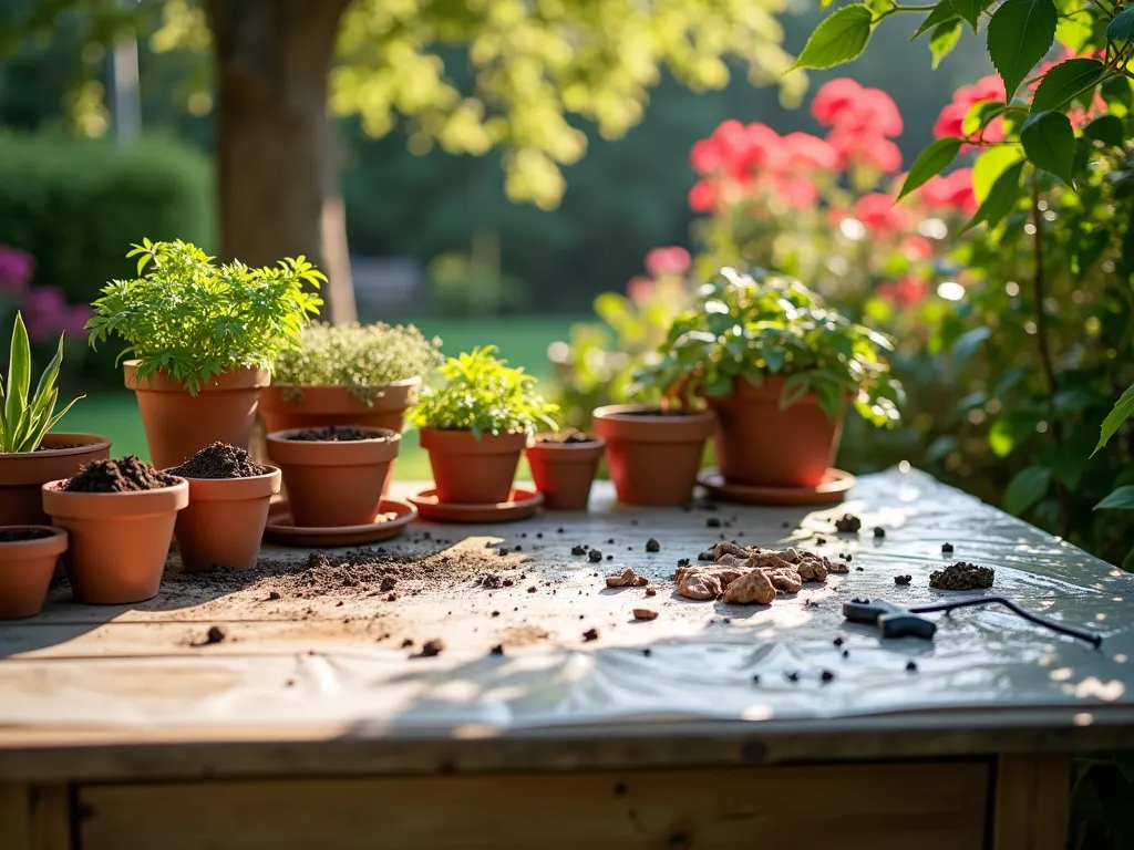 Outdoor Garden Workspace with Shower Curtain Protection - A close-up shot of a rustic wooden potting table in a sunny backyard garden, covered with a clear vinyl shower curtain as a protective workspace mat. The scene shows various terracotta pots, gardening tools, and potting soil neatly organized on the waterproof surface. Soft morning light filters through nearby maple trees, casting dappled shadows across the workspace. The composition includes scattered soil and water droplets on the shower curtain, demonstrating its practical use, while colorful garden flowers and climbing vines frame the background, photographed with a DSLR camera, wide-angle lens at f/8, ISO 100, creating a professional yet natural garden atmosphere.