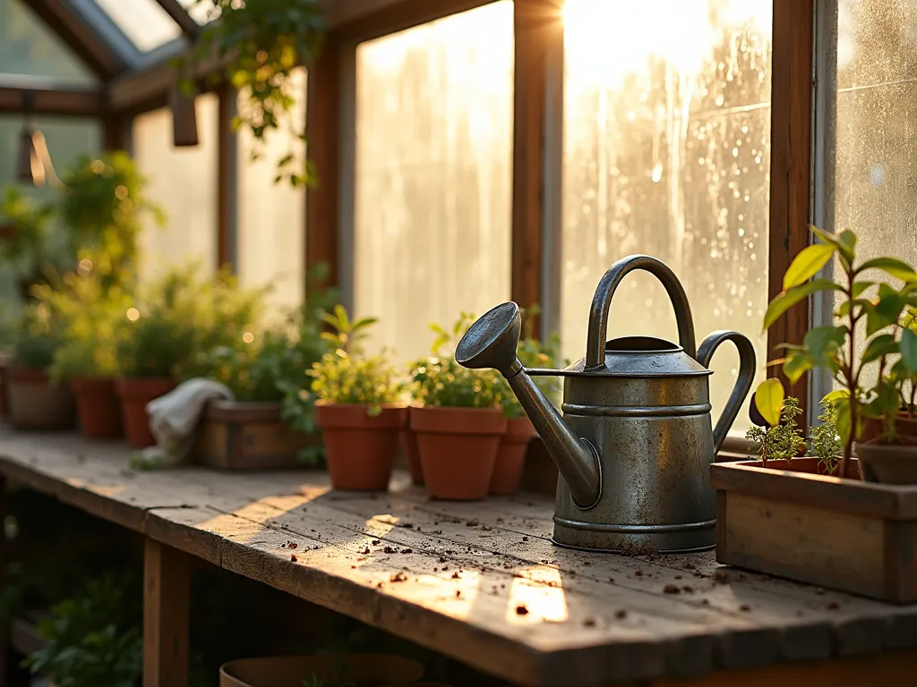 Elegant Greenhouse Storage Solution - Close-up shot of a rustic wooden potting bench in a sunlit greenhouse, featuring pristine clear shower curtain liners protecting the shelves. The late afternoon sun streams through glass panels, casting golden light on organized garden tools and terracotta pots. The transparent curtain material gleams subtly while containing soil and water from recently potted plants. Several vintage-style metal watering cans and wooden seed boxes rest on the protected surfaces, highlighting the practical yet aesthetic storage solution. Moisture beads visibly roll off the curtain's surface, demonstrating its protective qualities.