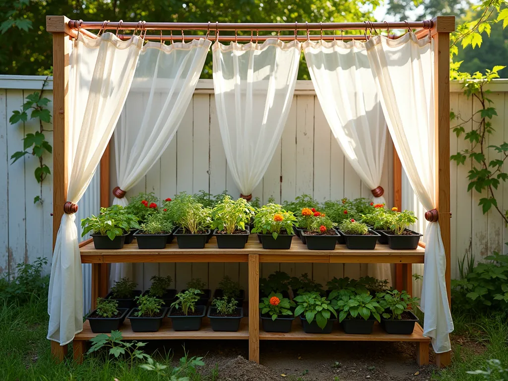 Plant Hardening Station with Shower Curtain Windbreaks - A rustic wooden plant hardening station in a sunny garden corner, featuring three transparent shower curtains elegantly suspended from copper pipes creating a U-shaped windbreak. Multiple wooden shelves hold trays of young vegetable and flower seedlings at different stages of growth. Early morning sunlight filters through the translucent curtains, creating a soft, protective environment. Small potted tomatoes, herbs, and marigold seedlings visible on sturdy cedar shelving. The structure is positioned against a white wooden fence with climbing ivy, showcasing a professional DSLR perspective at f/8 with natural depth of field. Dew drops visible on the shower curtains, adding a magical morning atmosphere. Shot from a 45-degree angle to capture both the functionality and aesthetic appeal of the setup.