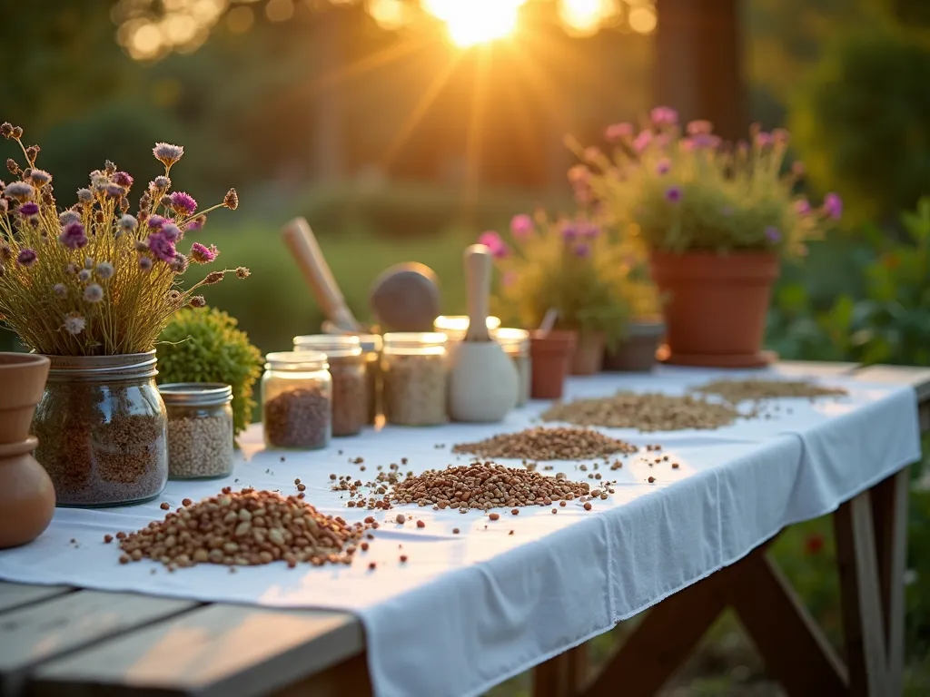 Rustic Garden Seed Drying Station at Sunset - Close-up photographic shot of a rustic wooden potting bench against a garden backdrop at golden hour. A pristine white shower curtain is smoothly draped across the bench surface, scattered with various dried flower heads and seed pods. Vintage mason jars and paper seed envelopes line one side. Warm sunset light filters through nearby trees, creating gentle shadows across the seed-sorting workspace. Multiple varieties of dried flowers and pods are neatly arranged for processing, with some seeds already sorted into small piles. Natural wood texture and garden tools add character, while the smooth shower curtain surface highlights the practical functionality of the setup. Shot with shallow depth of field focusing on the seed collection, f/2.8, creating a dreamy bokeh effect of the garden background.