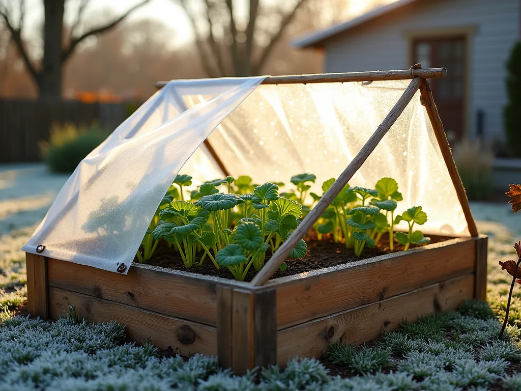 DIY Shower Curtain Cold Frame Garden Protection - A professional DSLR photograph of a rustic wooden cold frame in a well-maintained backyard garden, featuring transparent shower curtains draped elegantly over a rectangular wooden frame structure. Early morning sunlight filters through the clear material, creating a gentle diffused glow over young winter vegetables growing inside. Frost covers the surrounding garden while the protected plants remain vibrant and green. The wooden base is weathered cedar, complementing the natural garden setting. Wide-angle shot capturing both the cold frame and surrounding winter garden landscape, with a shallow depth of field highlighting the innovative shower curtain protection system. Dew drops visible on the shower curtain surface add natural texture.