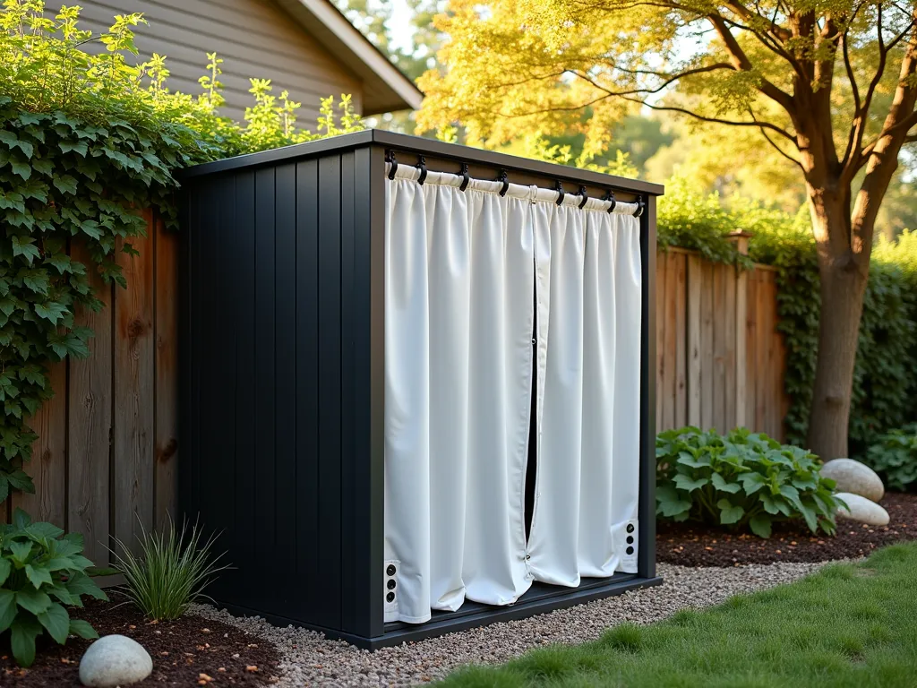 Stylish Shower Curtain Compost Bin Cover - A medium shot of a modern, well-maintained backyard garden at golden hour, featuring a sleek black compost bin elegantly covered with a semi-transparent white shower curtain. The curtain is perfectly fitted and secured with black bungee cords, creating a clean aesthetic while maintaining functionality. Strategic ventilation holes are visible along the sides. The bin is positioned against a rustic wooden fence with climbing ivy, surrounded by a mulched area with decorative stones and native grasses. Soft, warm sunlight filters through nearby maple trees, casting gentle shadows across the scene. Shot with a DSLR camera at f/8, capturing rich detail and depth in the garden setting.