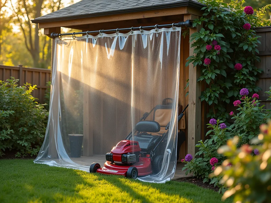 Protected Garden Equipment with Repurposed Shower Curtain - A serene early morning garden scene with soft golden sunlight filtering through trees, featuring a custom-fitted clear vinyl shower curtain protecting a high-end lawn mower and garden tools against a rustic wooden shed wall. Dew drops glisten on the waterproof material, which is neatly secured with decorative grommets. The composition shows careful attention to practical storage solutions while maintaining aesthetic appeal. Shot in medium-wide angle to showcase the context of the organized garden space, with selective focus on the protected equipment. The background features climbing roses and morning glory vines adding natural beauty to the practical storage solution.