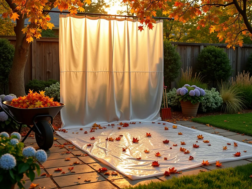 Shower Curtain Garden Tarp in Action - A golden hour scene in a well-maintained backyard, showing a clear vinyl shower curtain being used as a lightweight tarp to collect fallen autumn leaves. The translucent material catches warm sunset light while spread across a stone patio, partially filled with colorful maple leaves. A vintage wheelbarrow sits nearby, and garden tools lean against a rustic wooden fence in the background. The scene is framed by blooming hydrangeas and ornamental grasses, with dappled sunlight creating interesting shadows across the shower curtain's surface. Shot from a 45-degree angle to show both the practical use and the entire garden context.