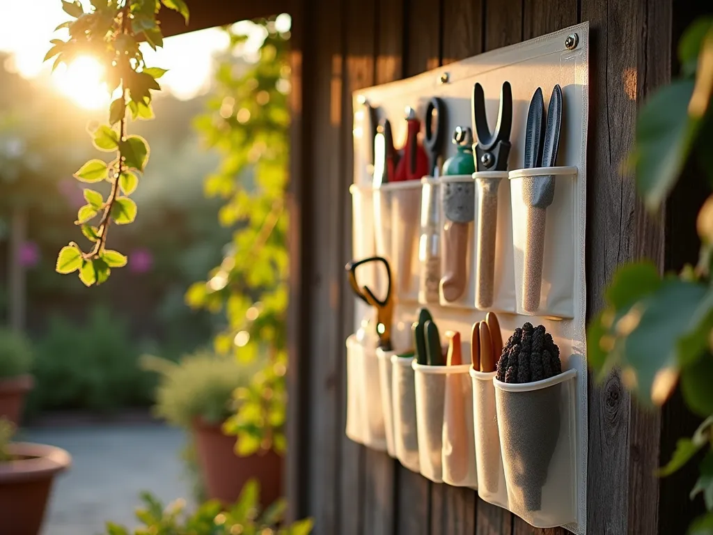 DIY Shower Curtain Tool Organizer in Garden Setting - A close-up shot of a repurposed clear vinyl shower curtain transformed into a professional-looking garden tool organizer, mounted on a rustic wooden shed wall during golden hour. The curtain features multiple reinforced clear pockets of varying sizes, neatly organizing garden tools including pruning shears, trowels, garden gloves, and small hand rakes. Soft evening sunlight filters through nearby climbing jasmine, casting gentle shadows across the organizer. The background shows a well-maintained garden with terracotta pots and garden beds. Shot with shallow depth of field focusing on the organized tools, creating a beautiful bokeh effect of the garden beyond. The clear vinyl material gleams subtly in the warm light, while maintaining a practical, water-resistant functionality.