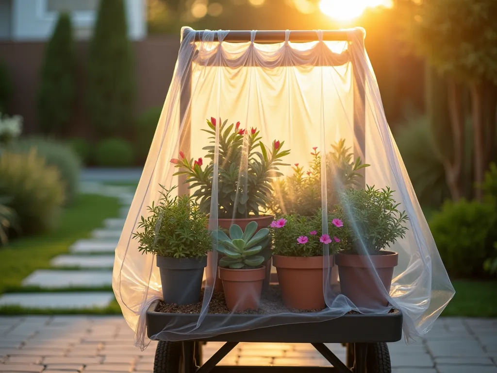 Shower Curtain Plant Transportation - Close-up shot during golden hour of multiple potted plants carefully wrapped in a clear shower curtain on a garden cart in a driveway. The translucent curtain material delicately hugs various sized plants, from small succulents to medium-sized flowering perennials, while containing loose soil. Sunlight filters through the protective wrapping, creating a soft, ethereal effect. The background shows a blurred modern garden with natural stone pathways. Shot with shallow depth of field highlighting the innovative plant protection method. Digital camera, 16-35mm lens, f/2.8, ISO 400.