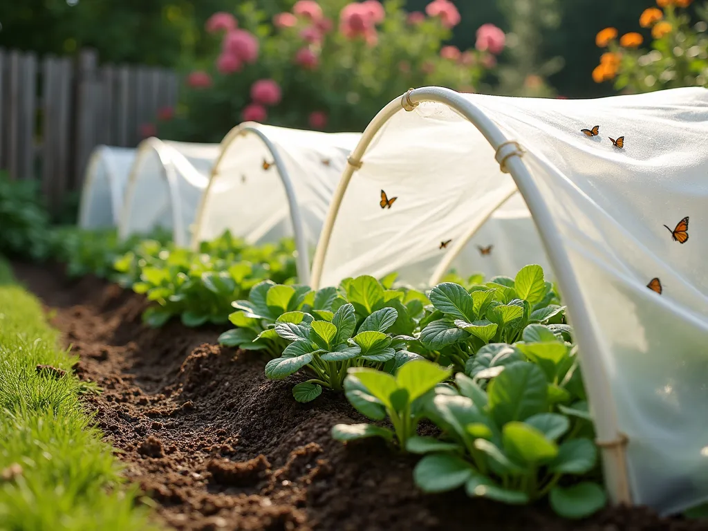 Elegant Row Cover Protection - A serene morning garden scene featuring neat rows of young vegetable plants protected by translucent shower curtains stretched over graceful white PVC hoops, creating a series of elegant mini-greenhouses. Soft morning light filters through the curtains, casting gentle shadows on the rich soil beneath. The surrounding garden is well-maintained with mulched pathways between the rows, and dewdrops sparkle on the curtain surface. A close-up perspective shows tender seedlings thriving under the protective barrier, with some butterfly silhouettes visible through the translucent material. The background features blooming flowers and a rustic wooden fence, creating depth and context.