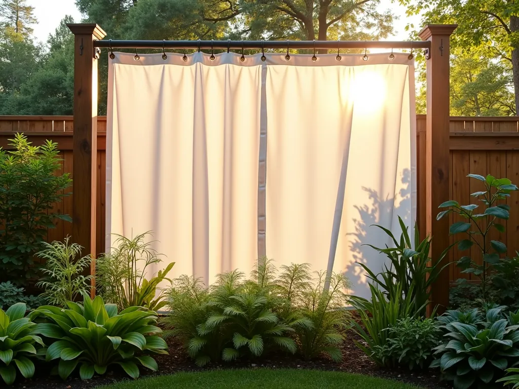 Elegant Shower Curtain Plant Shade Screen in Modern Garden - A serene late afternoon garden scene featuring an innovative plant shade screen made from a semi-transparent white shower curtain with brass grommets, elegantly suspended between modern cedar posts. The curtain gently filters golden sunlight, protecting a collection of shade-loving plants beneath. Shot from a wide angle showing the full context of a contemporary backyard garden design, with the curtain creating a soft, diffused lighting effect. The protected area features a mix of hostas, ferns, and delicate Japanese maples. The scene captures the interplay of light and shadow, with the curtain adding an architectural element while serving its practical purpose. Professional photography with soft natural lighting, 16-35mm lens at f/2.8, creating a dreamy depth of field.