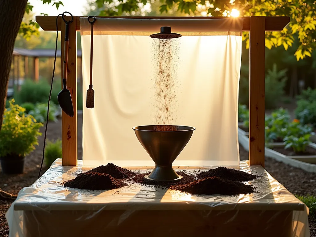 Soil Sifting Station with Shower Curtain - A rustic outdoor gardening workspace in late afternoon sunlight, featuring a thoughtfully arranged soil sifting station. A clear plastic shower curtain is spread neatly across a wooden frame, creating a clean and efficient workspace. The curtain's edges are slightly raised to contain soil. In the center, a professional-grade soil sifter rests above the curtain, with fresh, dark soil being processed through it. Beautiful golden sunlight filters through nearby maple trees, casting dappled shadows across the workspace. Garden tools are organized nearby, and neat piles of sifted soil showcase different textures. The background reveals glimpses of a well-maintained vegetable garden with raised beds. Shot from a 45-degree angle to capture both the functionality and organization of the space, photorealistic style.