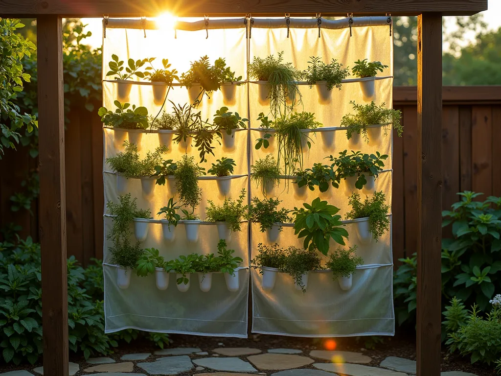 Sunlit Vertical Herb Wall with Clear Shower Curtain - A professional architectural photograph of a stunning vertical herb garden made from a transparent shower curtain mounted on a rustic wooden fence, shot during golden hour. The clear vinyl curtain features neat rows of sewn pockets, each bursting with lush herbs including basil, thyme, mint, and parsley. Sunlight filters through the transparent material, creating a ethereal glow around the cascading greenery. The composition shows the entire 6-foot installation while focusing on the clever pocket design and thriving herbs. Small water droplets on the curtain catch the warm evening light. Shot with a wide-angle perspective to capture the context of a cozy garden patio, with natural stone pavers below and climbing jasmine visible on the surrounding fence. The photograph emphasizes both the practical functionality and artistic beauty of this innovative gardening solution.