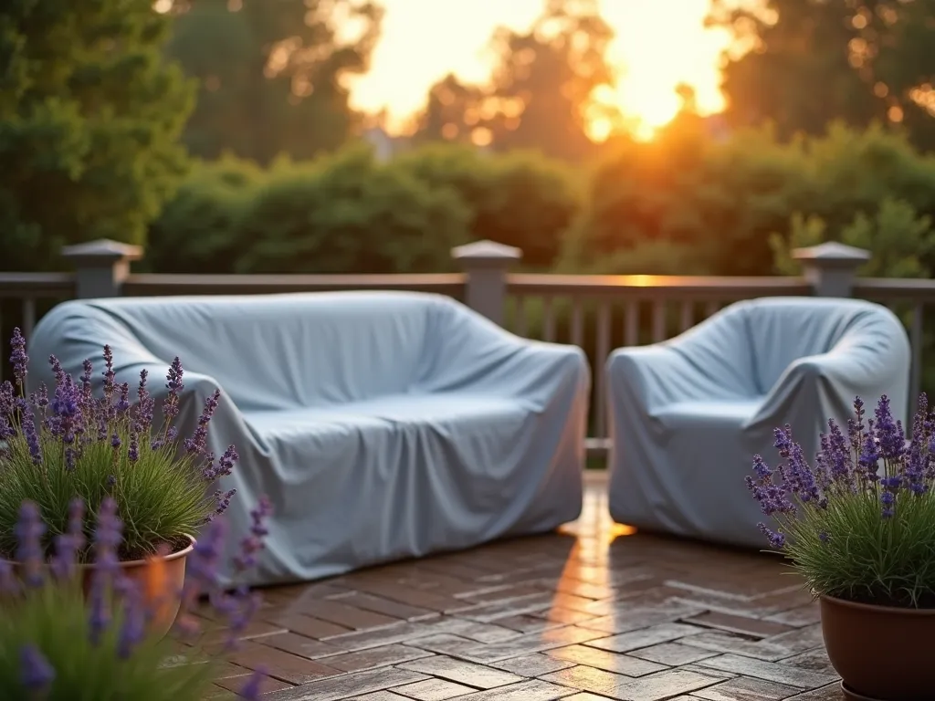 Stylish Shower Curtain Garden Furniture Protection - A close-up DSLR shot at golden hour of an elegant patio furniture set protected by repurposed waterproof shower curtains in a sophisticated light gray color, perfectly fitted and tailored to each piece. The furniture arrangement includes a plush outdoor sofa and two armchairs on a wooden deck, surrounded by potted lavender and ornamental grasses. Water droplets from recent rain bead elegantly on the waterproof covers, while the low evening sun creates a warm, inviting atmosphere. The custom-fitted covers showcase precise tailoring with clean seams and subtle pleating, demonstrating professional craftsmanship. Shot with shallow depth of field highlighting the texture of the waterproof material.