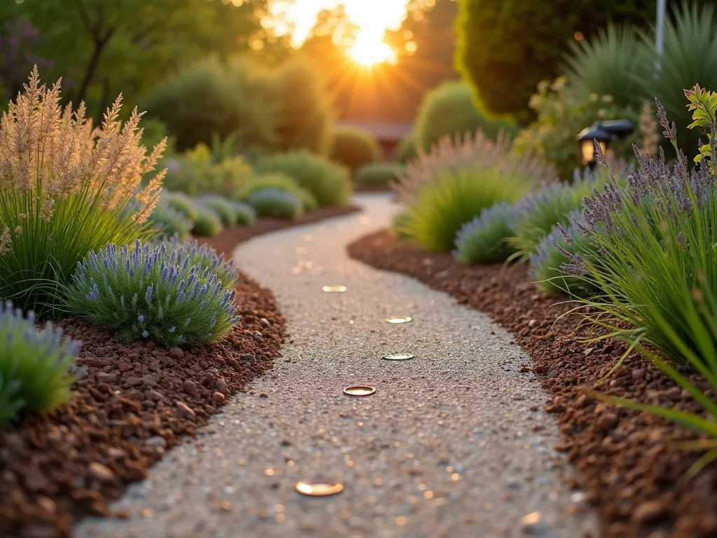 Weed-Free Garden Path with Hidden Shower Curtain Barrier - A serene garden path at golden hour, shot from a low angle with a DSLR wide-angle lens. The path winds through a lush garden, featuring pristine gravel and decorative mulch meticulously laid over a shower curtain barrier. The late afternoon sun casts warm shadows across the path, highlighting the texture of the gravel and rich brown mulch. On both sides, ornamental grasses, lavender, and native perennials create a soft border. Close-up details show the clean edge where the path meets the garden bed, demonstrating the effectiveness of the hidden weed barrier. The composition includes small drainage holes visible in the mulch layer, suggesting the intelligent water management system beneath. Professional garden lighting fixtures line the path, preparing for evening ambiance. f/8, ISO 100, 1/125 sec, natural lighting emphasizes the practical beauty of this low-maintenance landscaping solution.