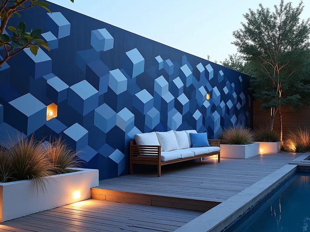 3D Geometric Garden Wall Illusion - A modern garden wall featuring a stunning optical illusion mural painted in deep blues, crisp whites, and gentle grays. The geometric pattern creates a mesmerizing three-dimensional effect that appears to recede into the wall, with hexagons and cubes seeming to float in space. The wall is photographed at dusk with subtle landscape lighting highlighting the dimensional effect. A sleek wooden deck leads up to the wall, with minimalist concrete planters containing ornamental grasses strategically placed to complement the design. The perspective is taken at a slight angle to maximize the illusion's impact, with modern outdoor furniture providing scale reference. Soft ambient lighting casts interesting shadows that enhance the 3D effect.