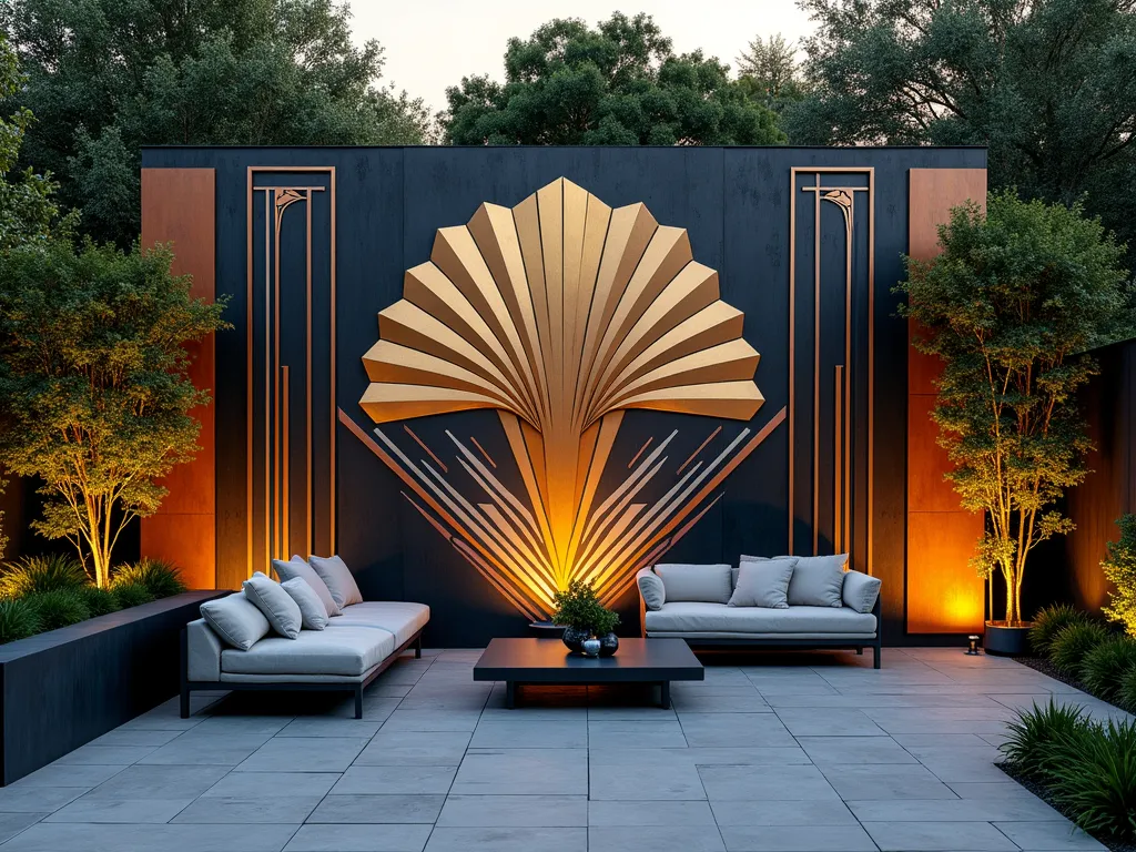 Art Deco Garden Wall Elegance - A stunning garden wall at dusk featuring an elegant Art Deco pattern painted in metallic gold, silver, and copper against a deep charcoal background. The geometric design showcases classic Art Deco fan patterns, zigzags, and sunburst motifs flowing across the wall. Warm landscape lighting illuminates the pattern, creating dramatic shadows and highlighting the metallic sheen. A sleek modern patio space sits below with minimalist furniture, while climbing jasmine frames the edges of the wall. Photographed with a wide-angle lens capturing the entire wall composition while showing the integration with the surrounding garden space, shot at golden hour for maximum dramatic effect, 16-35mm, f/2.8, ISO 400