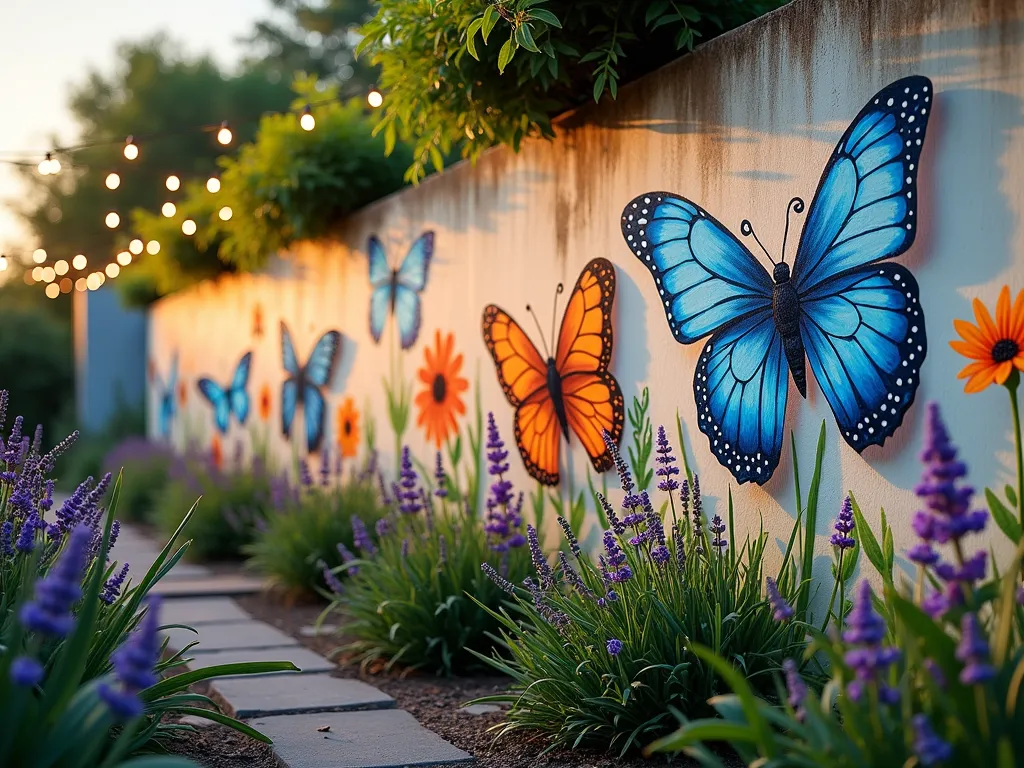 Butterfly Garden Wall Mural - A whimsical garden scene at golden hour showing a vibrant painted garden wall featuring large, beautifully detailed butterflies in shades of blue, orange, and purple. The mural stretches across a textured garden wall, with the butterflies appearing to float among painted wildflowers. Real butterfly-friendly plants like lavender and butterfly bush grow along the wall's base, creating a harmonious blend between art and nature. Soft evening light casts gentle shadows, while string lights twinkle overhead, adding a magical atmosphere. The perspective is a wide angle shot that captures both the full wall mural and the surrounding garden space, with some butterflies painted to appear as if they're flying off the wall itself.