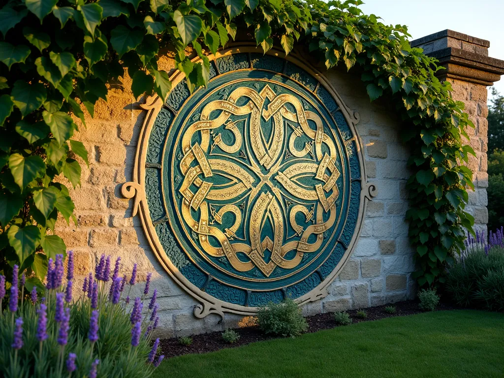 Celtic Knot Garden Wall Art - A stunning garden wall photographed at golden hour, featuring an intricate Celtic knot mural painted in rich emerald green, deep navy, and metallic gold. The elaborate interwoven pattern spans across a textured stone wall, with climbing ivy naturally framing the edges. Shot from a medium angle to showcase the detailed craftsmanship, the wall is complemented by a romantic English garden setting with blooming lavender and rosemary at its base. Soft evening sunlight casts intricate shadows across the Celtic design, enhancing its three-dimensional appearance. Professional DSLR photo with wide-angle lens, f/8, ISO 100, capturing the mystical atmosphere of this heritage garden feature.